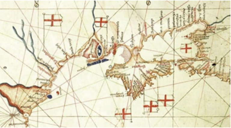 02. Dettaglio di una carta nautica quattrocentesca con lΓÇÖindicazione dei principali possedimenti genovesi in Crimea e nei territori adiacenti_┬⌐Istituto della Enciclopedia Italiana